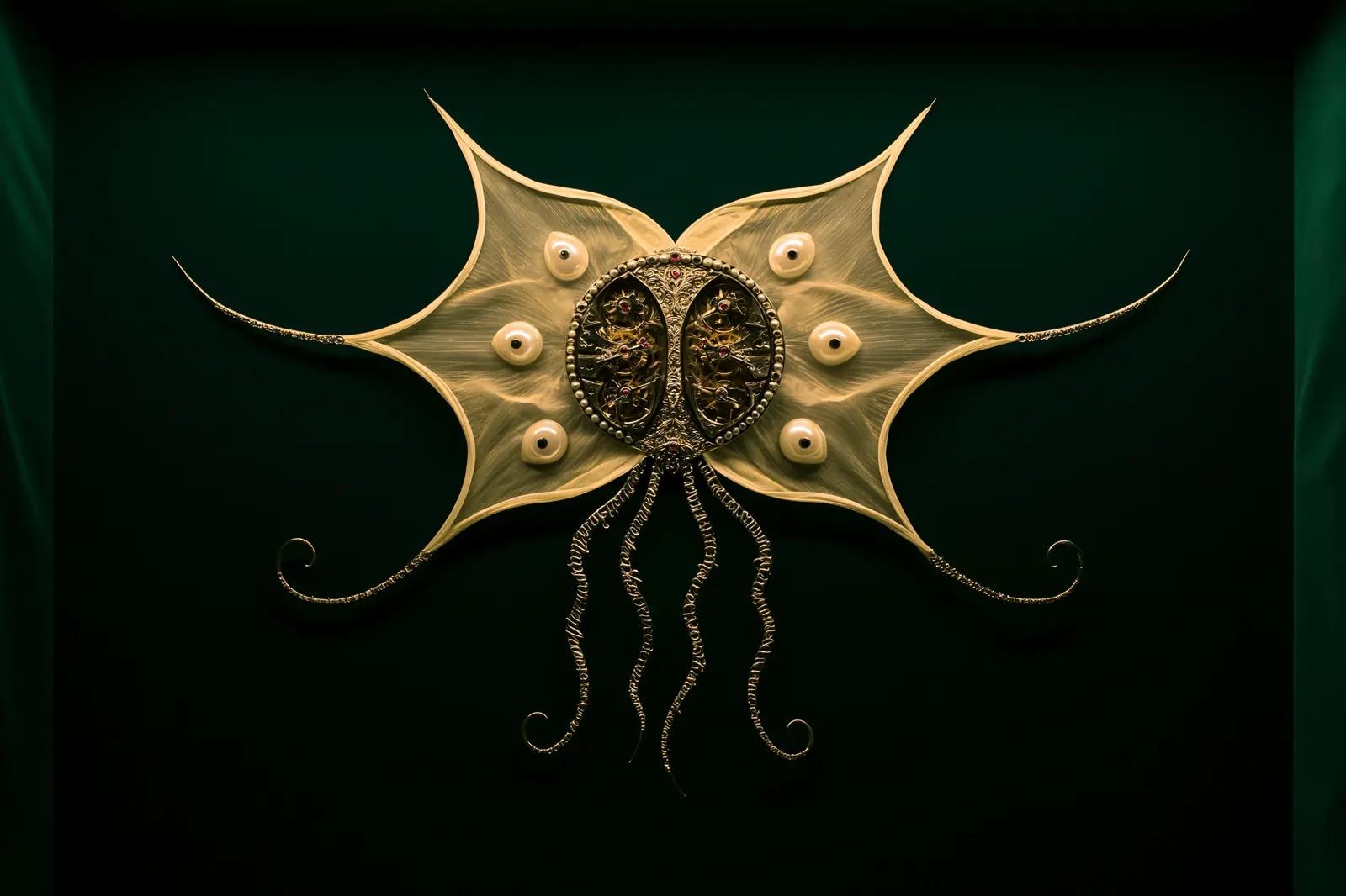 Highly detailed translucent clockwork flower on a dark specimen table
