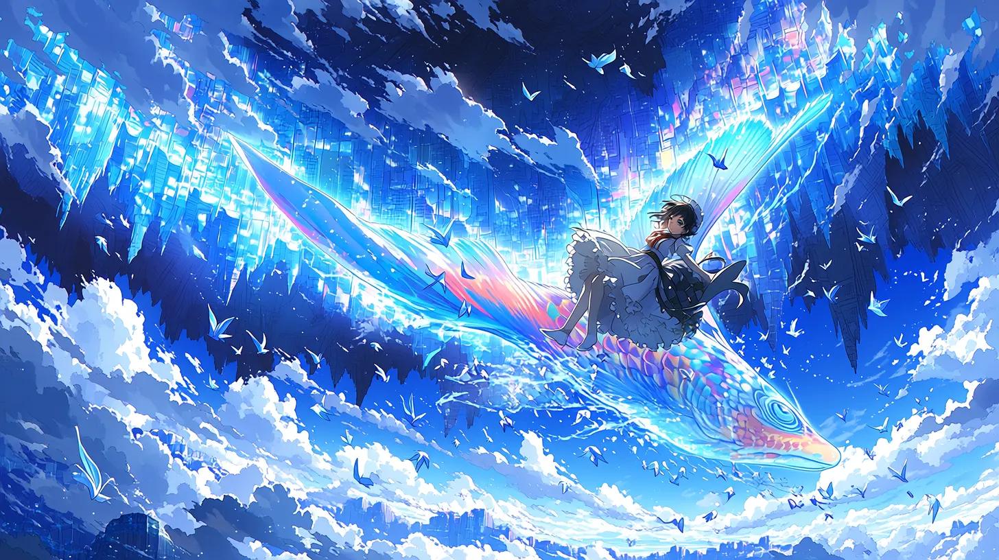 Giant koi fish flying above a colorful inverted anime city