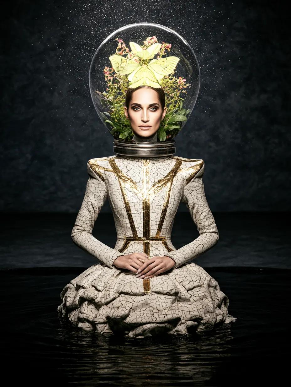 Porcelain astronaut with moth wings and plants in a surreal greenhouse