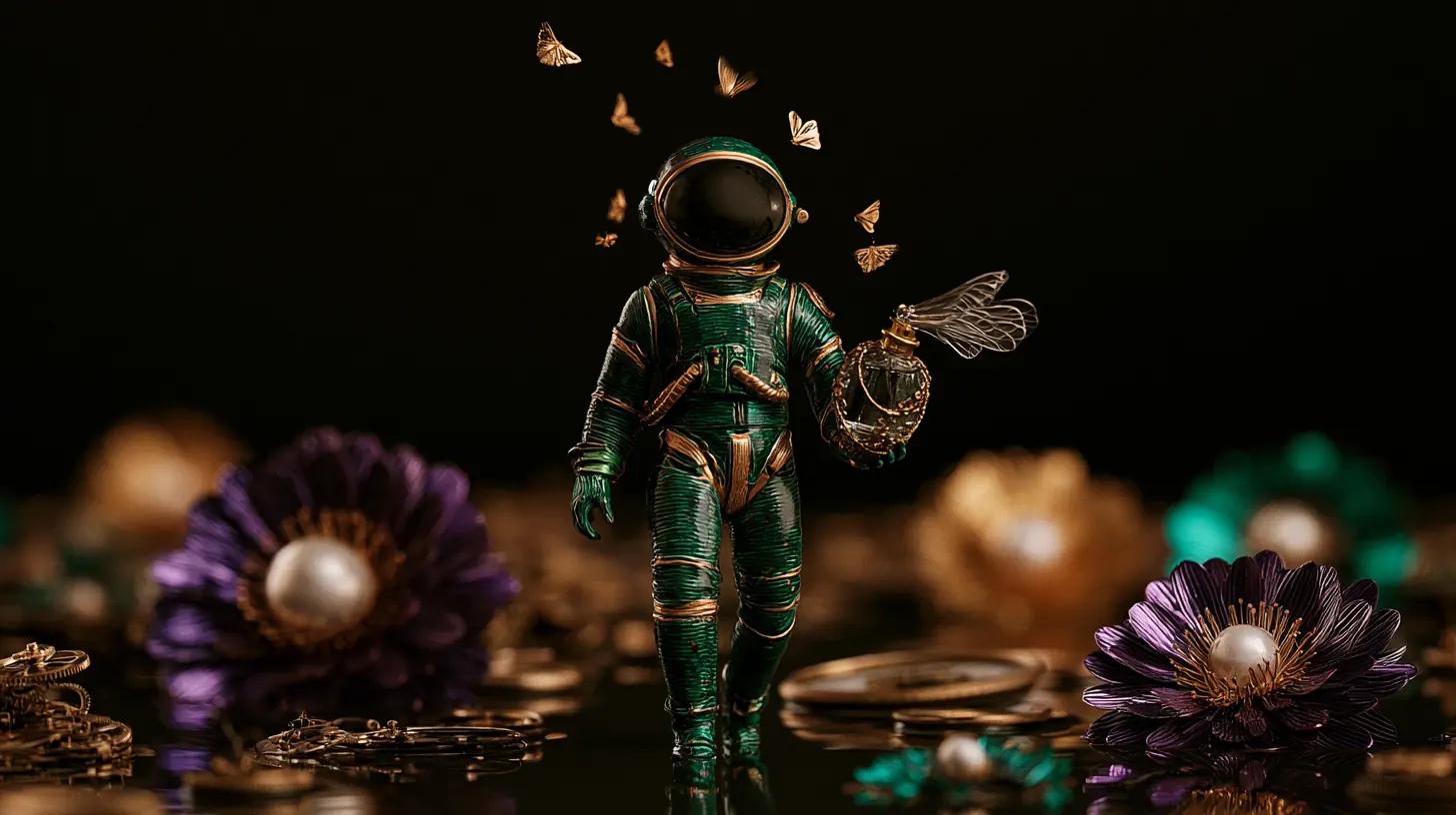 Emerald and gold reference-guided astronaut surrounded by clockwork flora