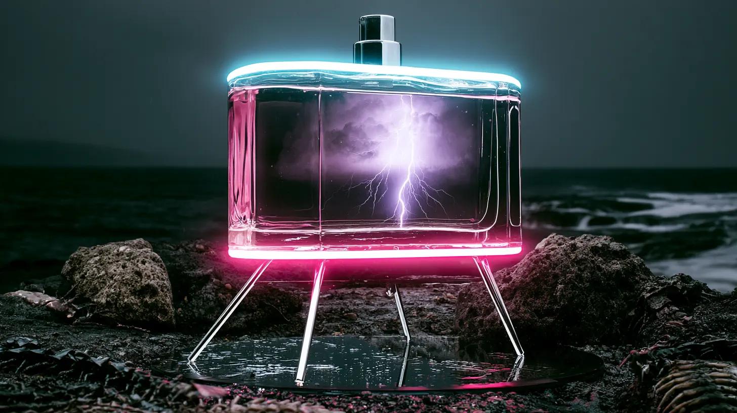 Original surreal storm creature inside a glass perfume bottle