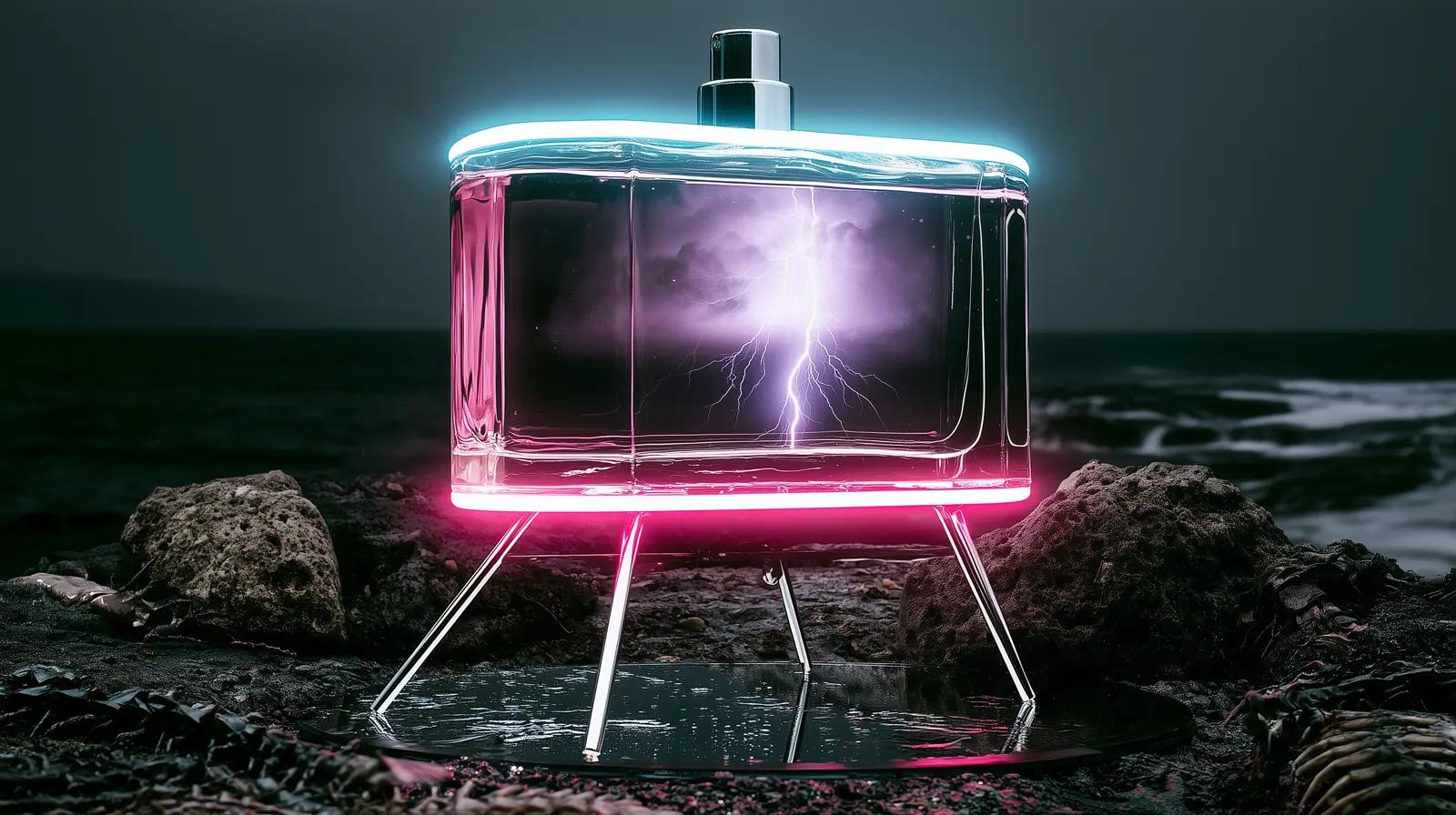 Surreal translucent perfume bottle containing a glowing storm creature