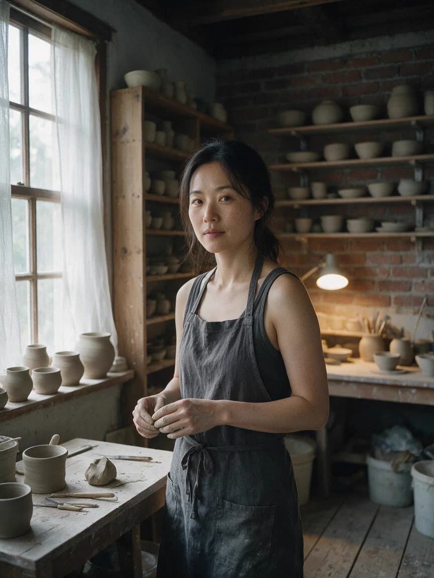 Editorial portrait of a ceramic artist showing realistic skin, linen, clay, and natural workshop light