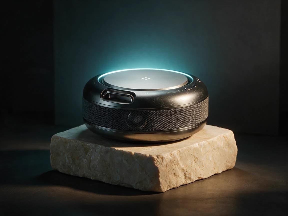 Premium portable speaker campaign with realistic machined metal, woven mesh, limestone, and studio light