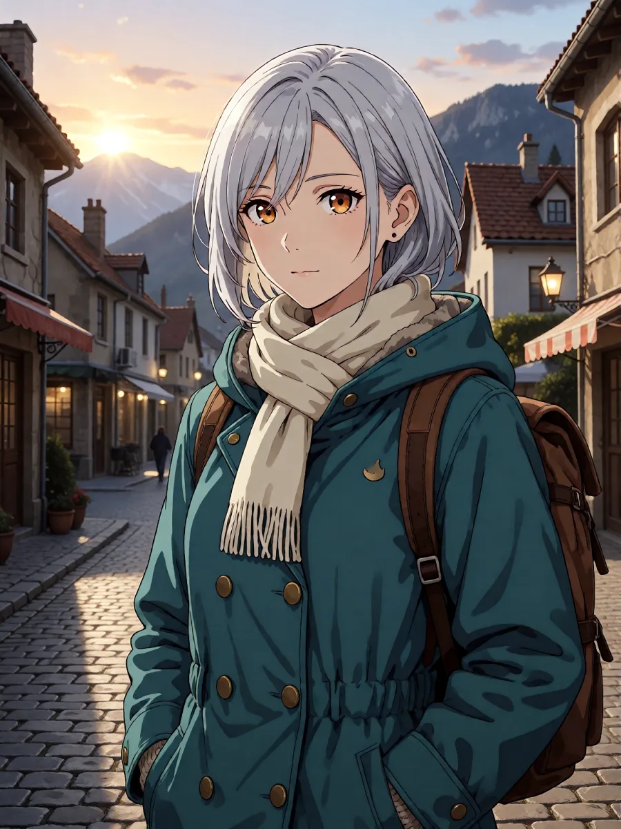 Explorateur d'anime aux cheveux d'argent avec un manteau bleu canard dans une rue ensoleillée