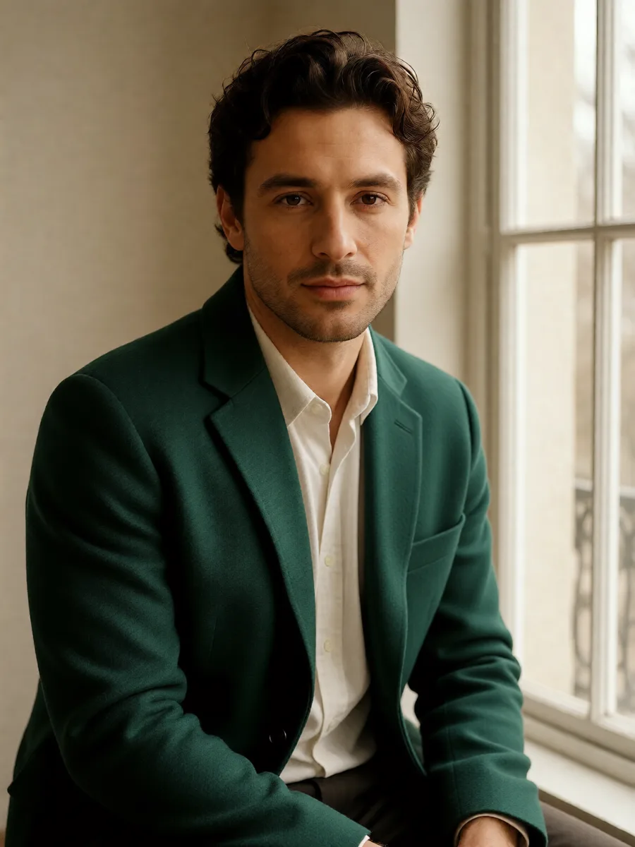Portrait du même homme avec une veste vert forêt
