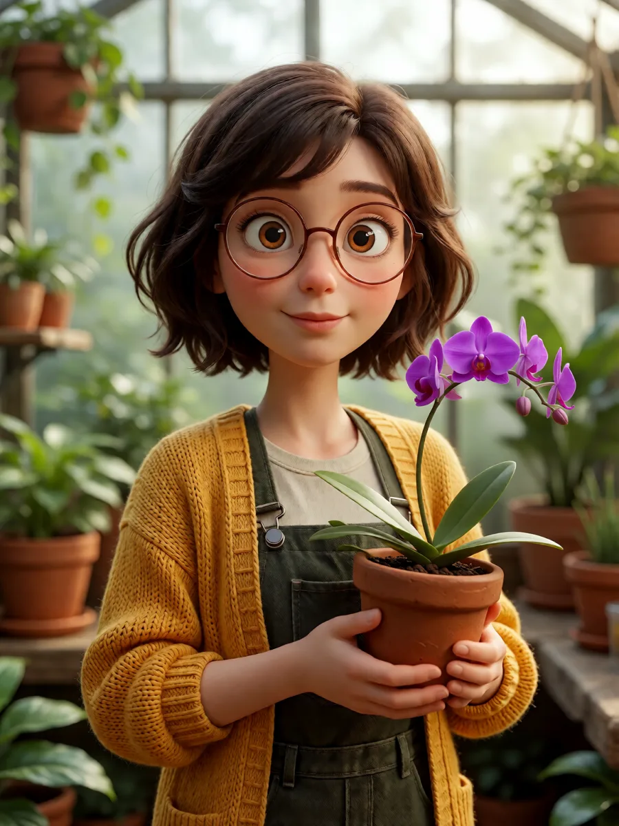 Le botaniste stylisé tenant une orchidée violette en fleur